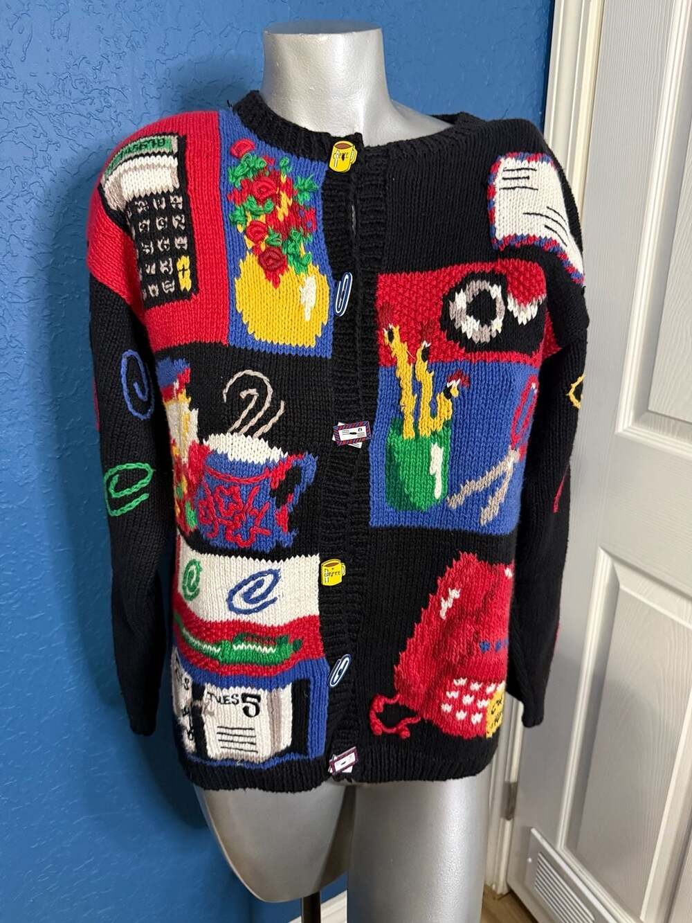 Berek Vintage 90s Novelty Office Supplies Cardigan Sweater